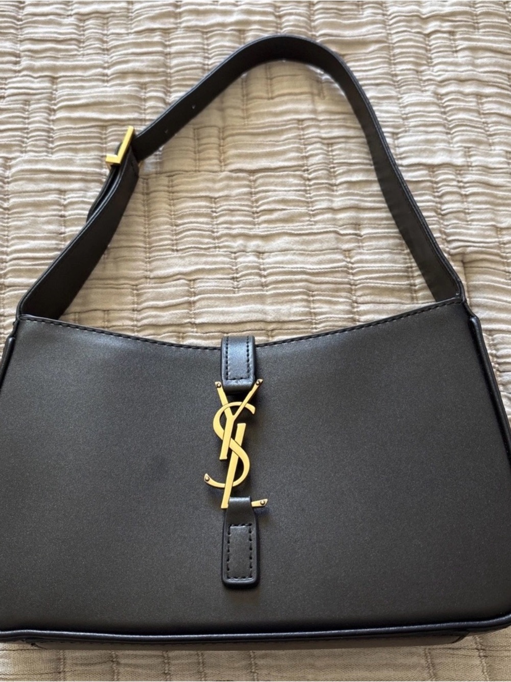 Saint Laurent Black Leather Shoulder Bag with Gold YSL Monogram